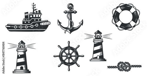A collection of nautical-themed icons including a lighthouse, boat, anchor, lifebuoy, and steering wheel in black and white vector style, perfect for maritime designs