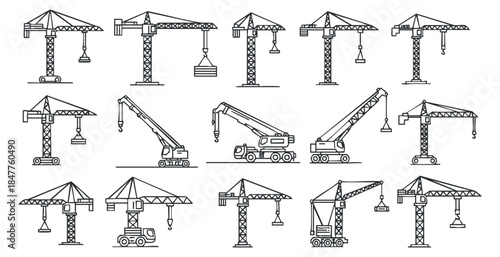 A collection of various cranes including tower and mobile cranes in outline vector style, suitable for construction and engineering projects