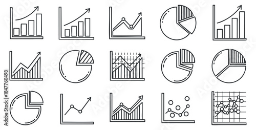 A collection of various graph and chart icons in minimalist outline vector style, ideal for data visualization projects