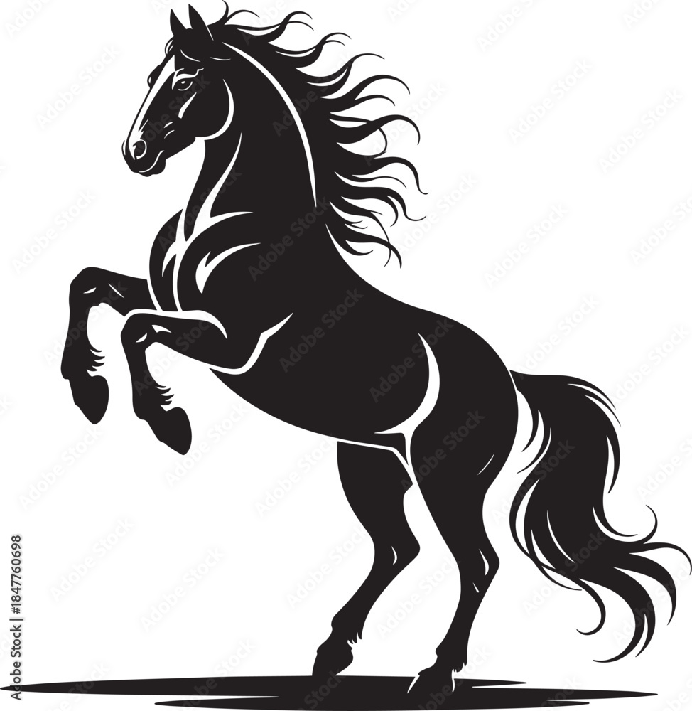 Obraz premium Silhouette of rearing horse with flowing mane and tail on checkered background artistic design