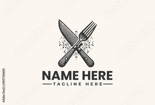 A vector logo illustration of crossed knife and fork with a custom name and tagline on a beige background.
