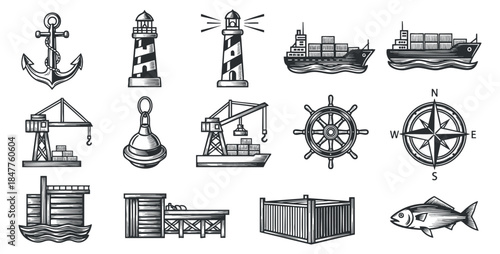 A collection of nautical icons including anchors, lighthouses, ships, and compasses in black and white vector style, ideal for marine-themed design projects
