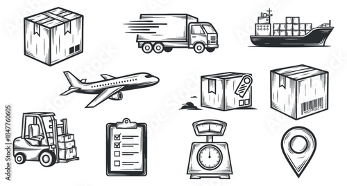 A collection of logistics and transportation icons including a box, airplane, truck, ship, and forklift in black and white outline vector style, suitable for shipping and delivery services