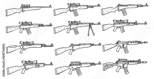 A collection of various rifles in black and white outline vector style, suitable for military or weapon-themed designs