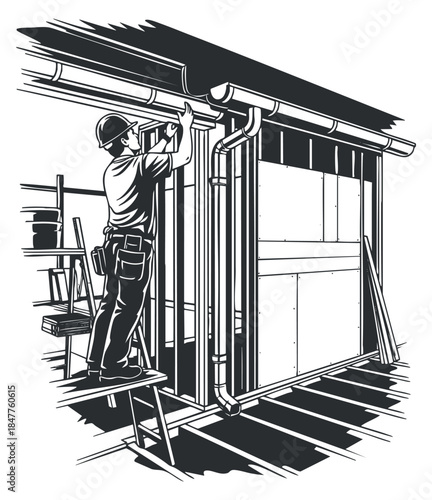 A construction worker installing pipes on a building structure in black and white vector style, ideal for construction industry graphics