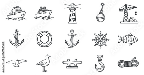 A collection of nautical themed icons including ships, a lighthouse, an anchor, and fishing symbols in outline vector style, ideal for marine and coastal design projects
