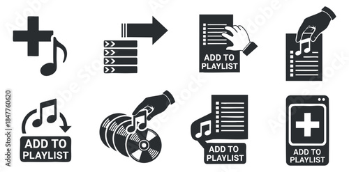 A collection of music playlist icons featuring add to playlist symbols, notes, and hand gestures in black and white vector style, perfect for music apps and digital interfaces