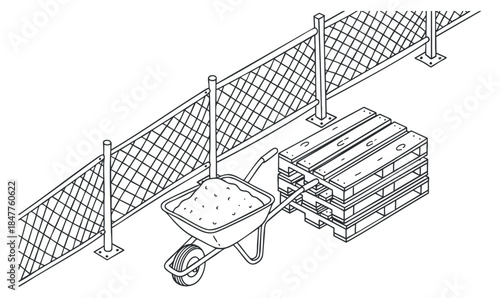 A wheelbarrow filled with soil next to a stack of pallets, depicted in black and white line art style, ideal for construction and landscaping projects