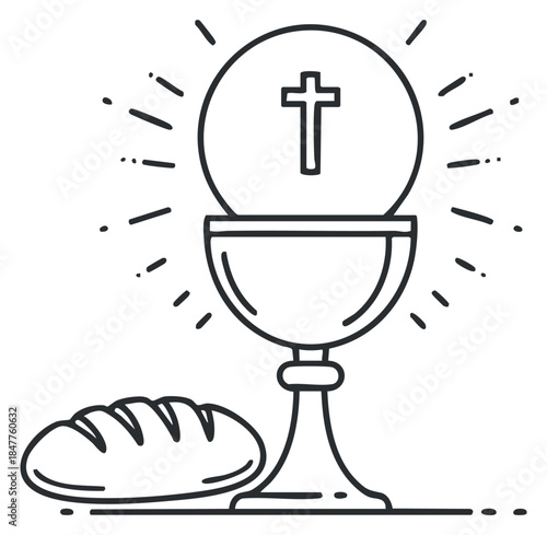 A chalice with a cross and a loaf of bread in minimalist outline vector style, ideal for religious themes and designs