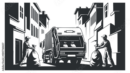 A garbage truck collecting waste from two workers in an urban street scene, depicted in black and white vector style, ideal for environmental services branding