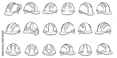 A collection of various hard hats in outline vector style, suitable for safety and construction themes