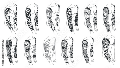 A collection of intricate tattoo designs featuring various patterns and styles in black and white vector illustration, ideal for tattoo artists and enthusiasts