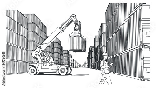 A worker inspecting cargo containers with a forklift in a black and white outline vector style, suitable for logistics and transportation projects