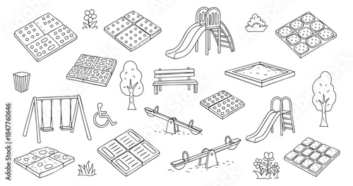 A collection of playground elements including swings, slides, benches, and seesaws in black and white outline vector style, ideal for children's activity design