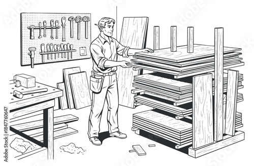 A woodworking scene featuring a skilled carpenter organizing wooden planks in a minimalist black and white vector style, suitable for design and construction themes