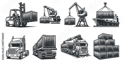 A collection of shipping and logistics icons including trucks, cranes, and cargo containers in black and white vector style, suitable for logistics branding and industry design