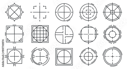 A collection of geometric outline icons featuring various circular and square designs in minimalist vector style, perfect for graphic design projects