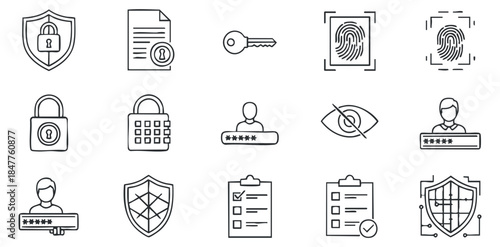A collection of security and privacy icons including locks, keys, fingerprints, and shields in minimalist vector style, suitable for technology and cybersecurity projects