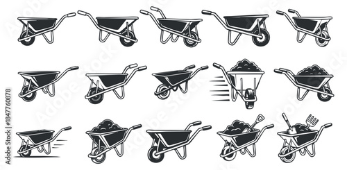 A set of various wheelbarrow illustrations in black and white vector style, ideal for construction and gardening projects