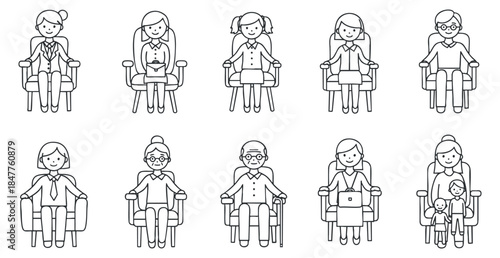 A collection of diverse characters sitting in chairs in black and white line art style, suitable for family and community themes