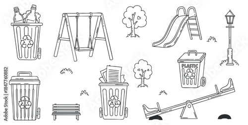 A collection of playground and waste management icons in black and white outline vector style, suitable for environmental projects and educational materials