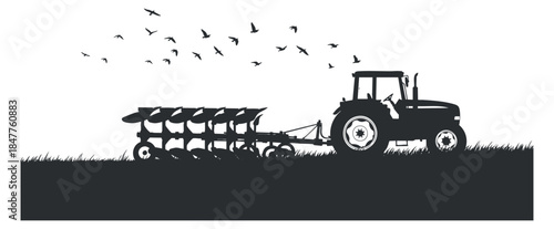 A silhouette of a tractor with a plow in black and white vector style, ideal for agricultural themes and designs