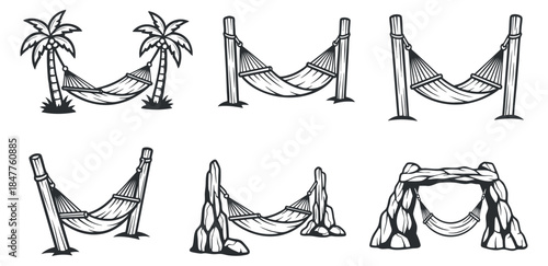 A collection of hammocks with palm trees in black and white minimalist vector style, perfect for tropical vacation themes
