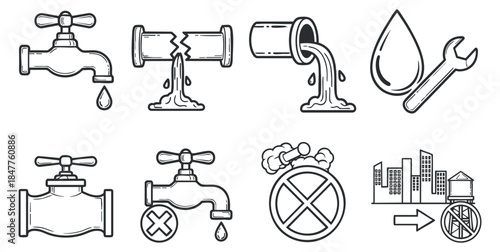 A collection of plumbing and water-related icons including taps, leaks, and repair tools in minimalist black and white vector style, ideal for plumbing services and water management projects