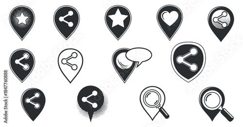 A collection of location pins featuring various icons like star, heart, and speech bubble in black and white flat vector style, ideal for web and app design