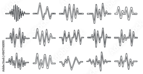 A collection of sound wave patterns in minimalist black outline vector style, ideal for audio and music design projects