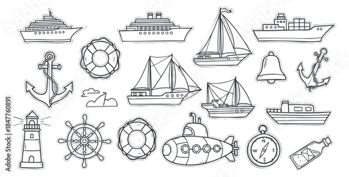 A collection of nautical-themed icons including ships, anchors, lighthouses, and compasses in black and white outline vector style, suitable for maritime design projects