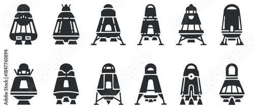 A collection of various rocket and spacecraft icons in flat black and white vector style, suitable for science fiction projects and educational materials