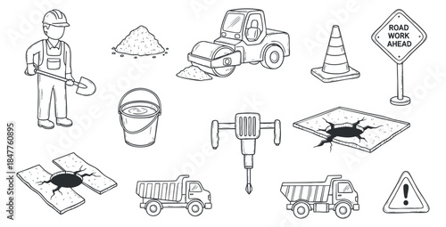 A collection of construction elements including a worker, vehicles, tools, and road signs in black and white minimalist vector style, ideal for construction industry projects