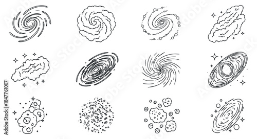 A collection of various galaxy illustrations in black and white outline vector style, ideal for space-themed designs
