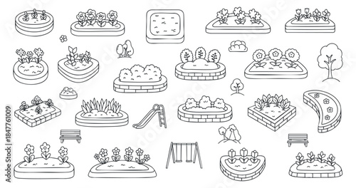 A collection of various garden elements including flowers, benches, and playground items in minimalist outline vector style, ideal for landscaping design projects