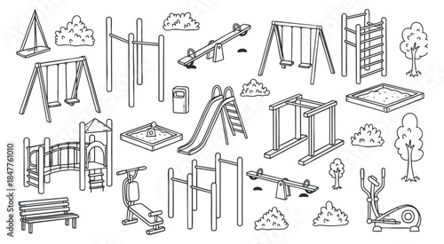 A collection of playground equipment including swings, slides, and fitness stations in black and white lineart vector style, ideal for children's activity designs