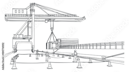 A detailed outline illustration of a crane lifting a shipping container at a dock in a minimalist vector style, suitable for logistics and industrial design projects