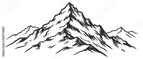A detailed illustration of a mountain range in black and white sketch style, ideal for outdoor adventure themes and travel designs