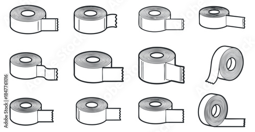 A set of decorative adhesive tape rolls in clean outline vector style, suitable for craft projects and design applications