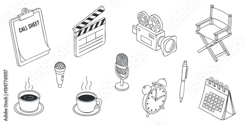 Black outline doodle icon set for film production and shooting day essentials, including call sheet clipboard, clapperboard, movie camera, director chair, microphones, coffee cups, alarm clock, pen