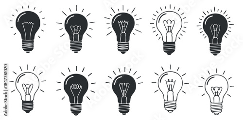 A collection of light bulb illustrations in black and white outline vector style, ideal for creative and educational projects