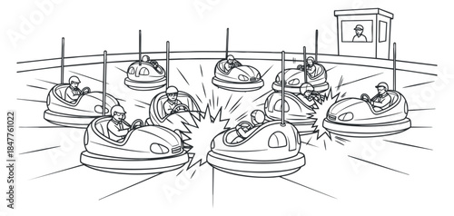 A scene of bumper cars in action with kids riding and an operator in black and white outline vector style, perfect for theme park illustrations