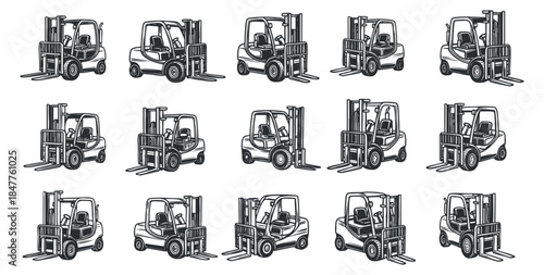 A set of forklift illustrations in black and white vector style, ideal for industrial and logistics themes