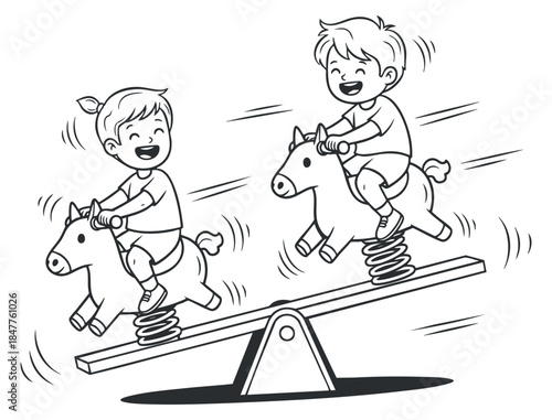 A fun illustration of two children riding spring-mounted horses on a seesaw in black and white line art style, ideal for children's activity themes