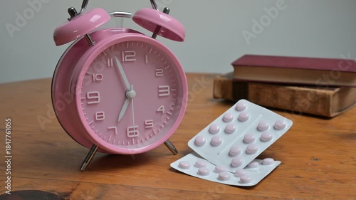 Pink alarm clock and pills on a wooden bedside  table