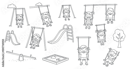 A collection of children playing on swings, slides, and a seesaw in a black and white line art vector style, perfect for educational materials