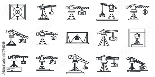 A collection of crane icons in clean outline vector style, suitable for construction and engineering projects