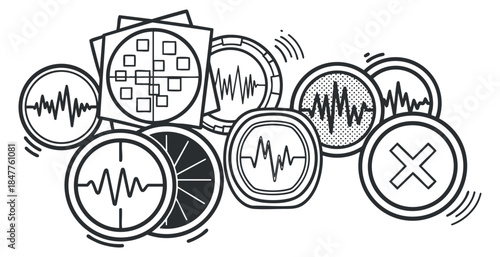A collection of abstract technology and sound wave icons in black and white geometric vector style, suitable for digital media projects