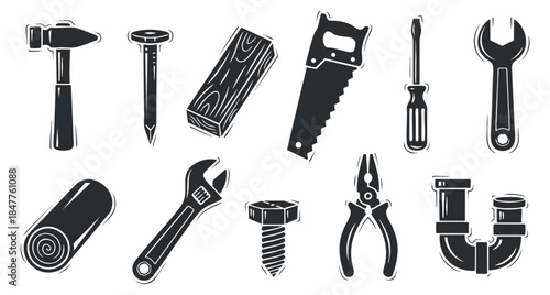 A collection of various hand tools including a hammer, screwdriver, saw, and pliers in black and white vector style, perfect for construction and DIY projects