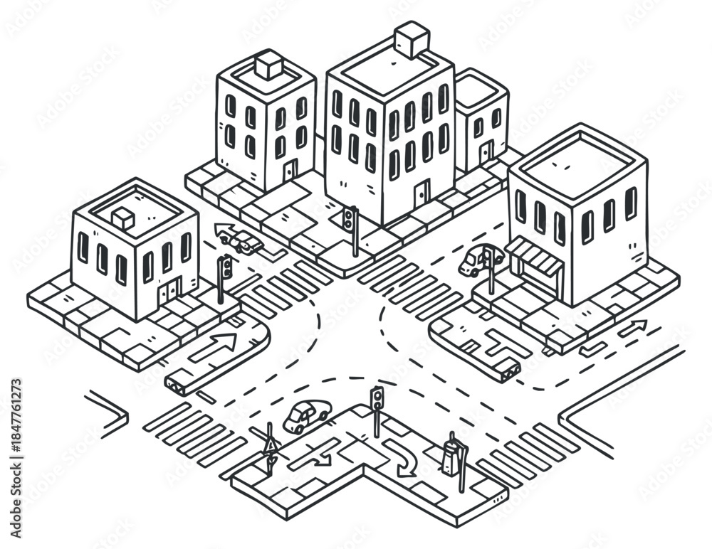Obraz premium A vector illustration of an urban city intersection with buildings and roads in a minimalist outline style, suitable for urban planning projects